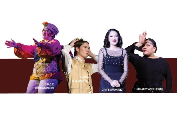 From left to right: Domenghini performing as Mustard Seed in Fairycakes, Mullinix performing as King Henry in Queens, Emmons performing as a Merry Murderess in Chicago, Angeles performing as an ensemble in Chicago.