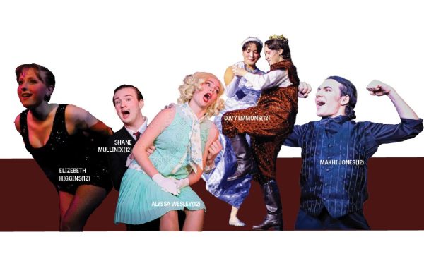 From left to right: Higgins performing as an ensemble in Chicago, Mullinix performing as Billy Flynn and Wesley performing as Roxie Hart in Chicago, Emmons performing as Kathrine Howard in Queens, and Jones performing as an ensemble in Chicago.