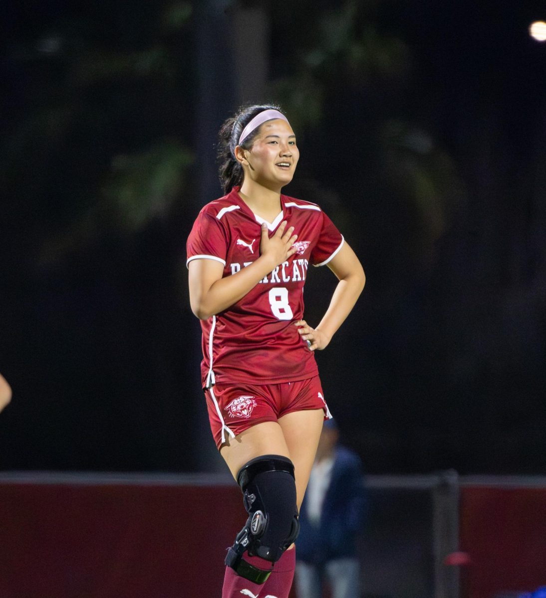 Senior Quinn Kobayashi feels relieved after making her goal. Her team celebrated with her after scoring but also in her return to the team. Kobayashi suffered a knee injury requiring surgery in January 2025, during her junior soccer season. 